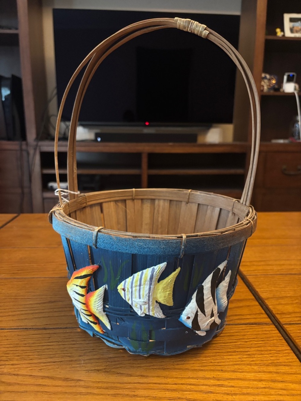Decorative Blue Fish Basket with Handle - Coastal Pet Fish Accent